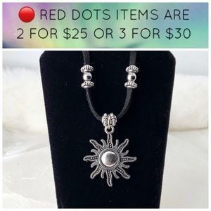 🔴 Silver sun necklace on black suede adjustable cord necklace